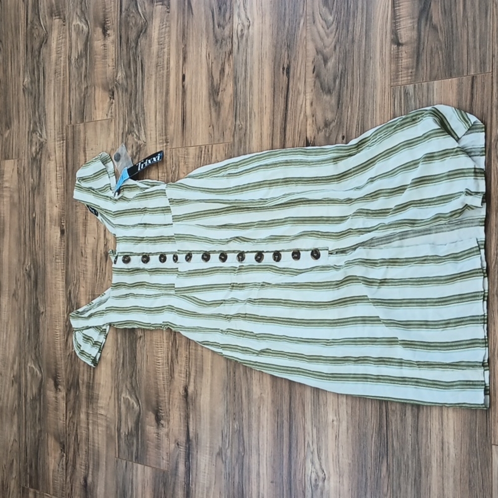 Light Green Striped Button-Front Midi Dress